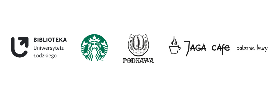 logotypy BUŁ, Starbucks, Podkawa i Jaga Cafe