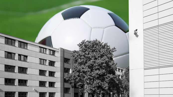 UniLodz dormitories and a football in the background