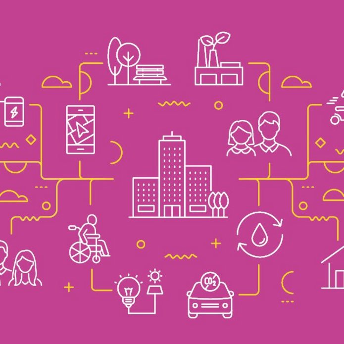 Białe schematyczne grafiki, symbolizujące różne elementy funkcjonowania w mieści, jak biurowiec tramwaj, ławka w parku, fabryka, ludzie, samochód, rowere, człowiek na hulajnodze, połączone żółtymi kreskami, symbolizującymi sieć powiązań; umieszczone na różowym tle. U góry logo Akademii Młodych Literów na dole logotypy organizatorów Fundacja Veolia i Szkoła Liderów