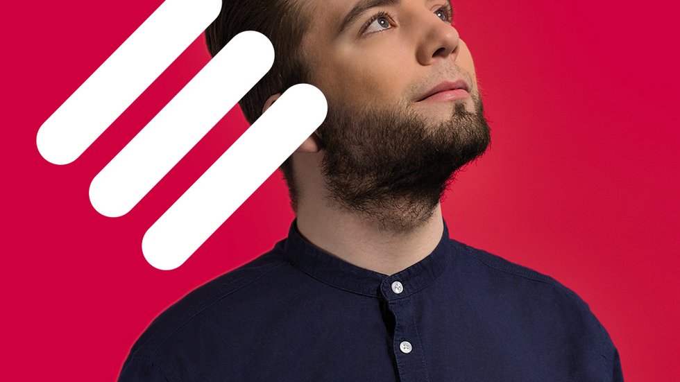 [Translate to English:] Ilustracja do wartości odwaga - mężczyzna na czerewonym tle