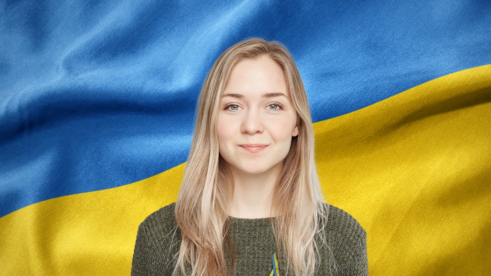 Graphics: University of Lodz A woman against the background of the Ukrainian flag