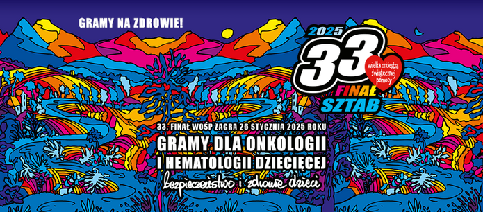 A red heart with the inscription The Great Orchestra of Christmas Charity and the inscription 2025 33rd Grand Finale for paediatric oncology and haematology.