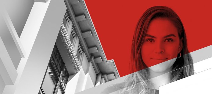 a graphic showing a fragment of a building and a woman's face