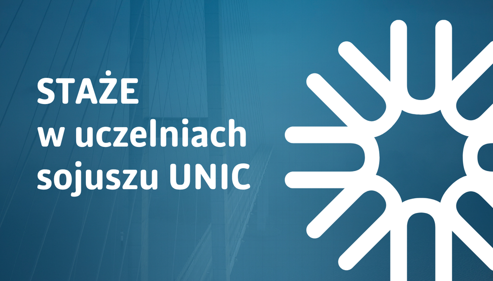 An information graphic in shades of blue. On the left side, there's white text: "INTERNATIONAL INTERNSHIPS AT UNIC Universities." The background is an outline of modern buildings viewed from the bottom up. On the right side, there's a large, white graphic symbol resembling a stylised sun or star.