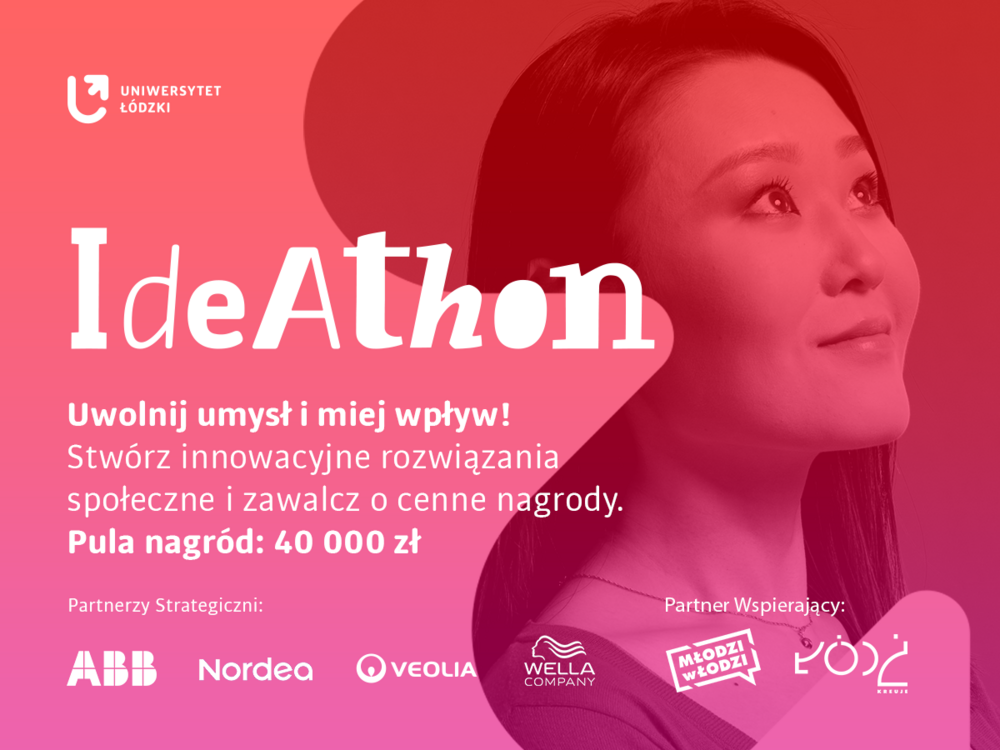 grafika dotycząca Ideathonu z treścią i logotypami partnerów