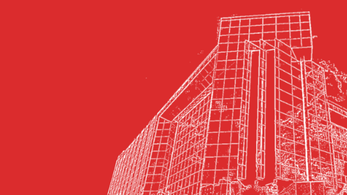 Event banner, drawing of the University of Lodz Library on a red background